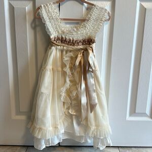 Luna Luna Girls Dress Ivory Tan Ruched Bodice Embroidered Band Layered Ruffles 4